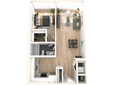 A top-down view of a small apartment with a kitchen, living room, and bathroom.